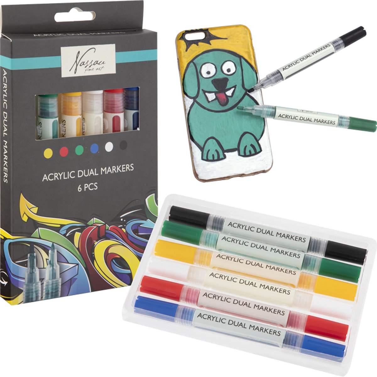 Nassau Fine Art Professionele Acrylstiften | 6 verschillende kleuren | Doppelmarkers | Geschikt voor stenen - schoenen - glas - plastic - hout - kleding