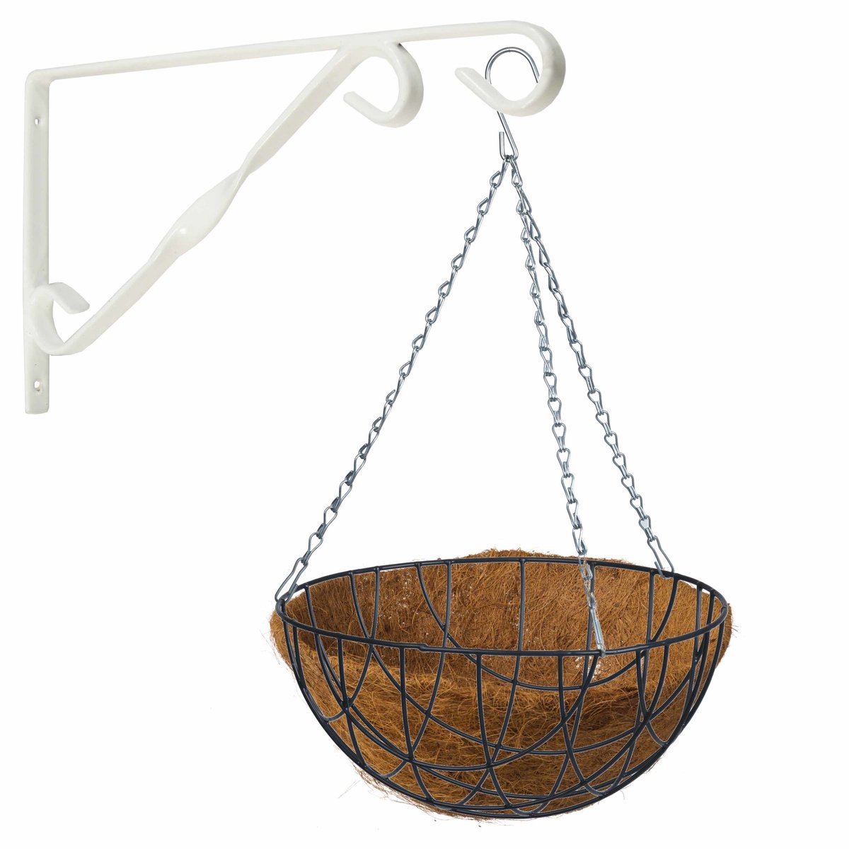 Hanging basket groen 30 cm met klassieke muurhaak wit en kokos inlegvel - metaal - complete hangmand set