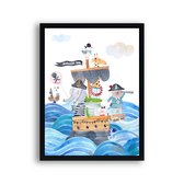 Poster Piraten beertje konijn olifant en dino op de boot licht - piraten thema / Dieren / 30x21cm