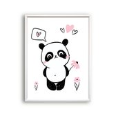 Poster Roze Panda met Bloemetje - Hartjes - Meisjeskamer - Babyshower / Geboorte Cadeau - Babykamer - 30x21cm / A4 - Postercity