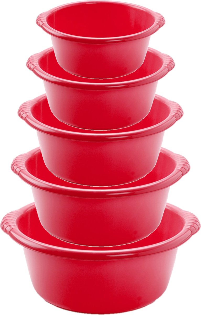 Voordeelset multifunctionele kunststof ronde teiltjes rood in 5-formaten - 6-10-15-20-25 liter inhoud