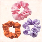 Jobo by Jet - Set van 3 satijnen scrunchies - dames - meiden - haar elastiek - haaraccessoire - trend zomer 2022 - paars - roze - oranje