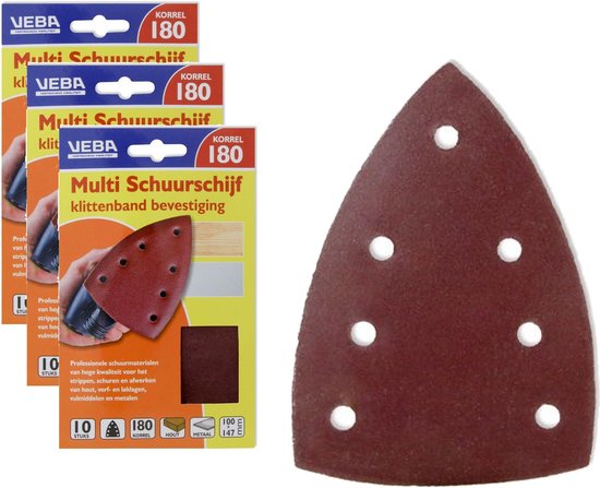 Drie verpakkingen Veba Multi Schuurschijf K180 met klittenbandbevestiging, naast een losse schuurzool met 10 perforaties.