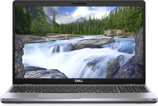 Dell Latitude 5510 laptop met zilveren behuizing en een open scherm waarop een waterval te zien is. Gedeeltelijk zichtbaar toetsenbord.