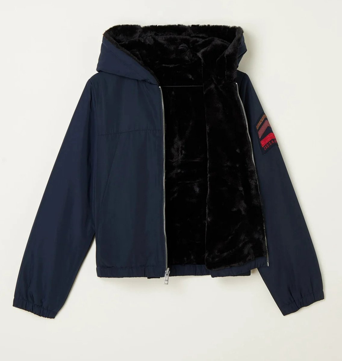 Zadig&Voltaire Kids Reversible jas met imitatiebont en capuchon - Zwart/ Blauw - Maat 152