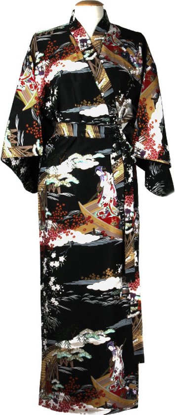 DongDong - Kimono japonais original - Katoen - Motif Ukiyoe - Zwart - L/XL