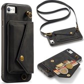 Apple iPhone SE 2022 Casemania Hoesje Charcoal Gray - Luxe Back Cover met Koord - Wallet Case - Pasjeshouder