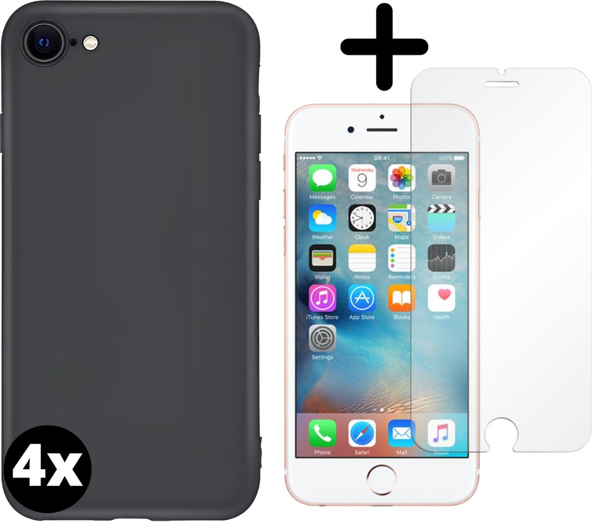 Fooniq Silicone Hoesje Zwart 4x + Screenprotector 4x - Geschikt Voor Apple 7/8/SE 2020