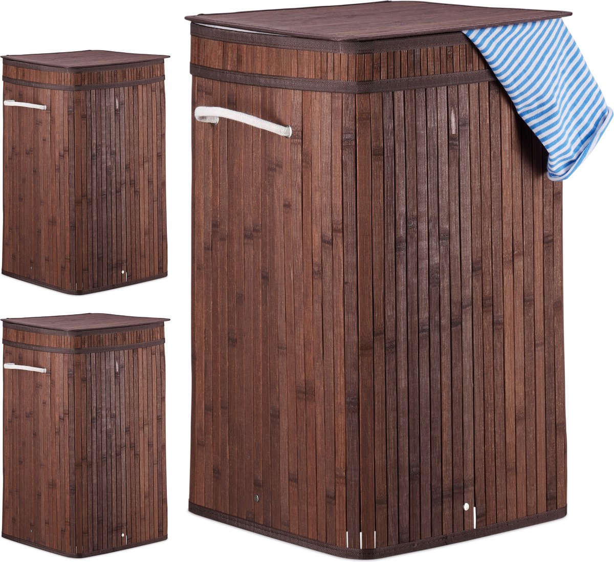 Goedkoopste 3x wasmand bamboe - wasbox opvouwbaar - 70L - vierkant - 63x36x36 cm - bruin