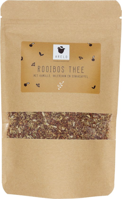 Bruine papieren zak met venster. ARELO ROOIBOS THEE MET KAMILLE, VALERIAAN EN SINAASAPPEL.