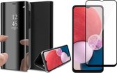 Samsung Galaxy A13 4G Hoesje - Book Case Spiegel Wallet Cover Hoes Zwart - Full Tempered Glass Screenprotector