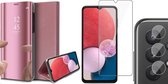 Samsung Galaxy A13 4G Hoesje - Book Case Spiegel Wallet Cover Hoes Roségoud - Tempered Glass Screenprotector - Camera Lens Protector