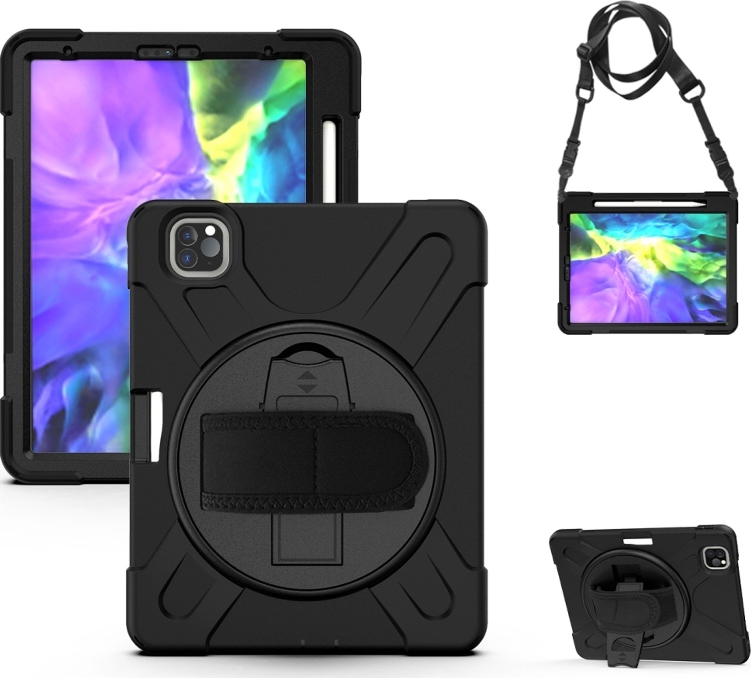 Mobigear SureGrip XGuard Tablethoes geschikt voor Apple iPad Pro 11 (2020) Hardcase Backcover + Stylus Houder + Schouderband + Standaard - Zwart