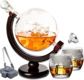Luxify Whiskey Globe Decanteer Set - Whiskey Karaf - incl. 2 Whiskey Glazen, 9 Whiskey Stones, Schenktrechter & IJstang - Wereldbol - 0,9L