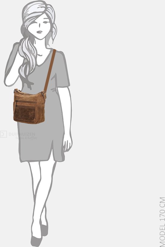 Schets van een vrouw van 170 cm die een bruine leren schoudertas draagt.
