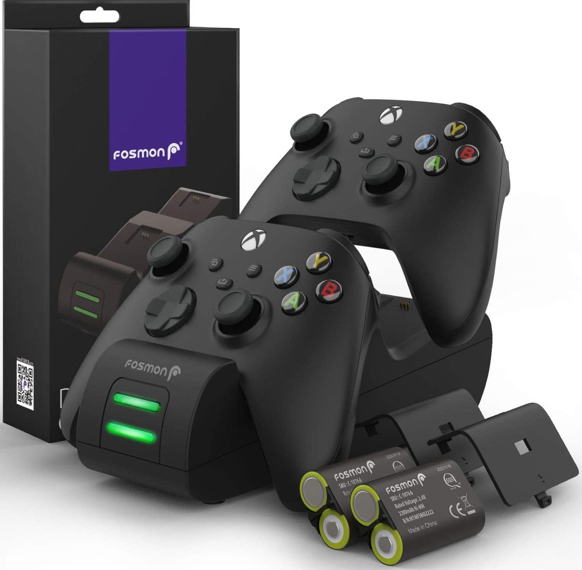 Fosmon Dual 2 Max laadstation compatibel met Xbox Series X/S (2020), One/X/S Elite controllers, Dual Docking Station + 2 x 2200mAh batterij - zwart