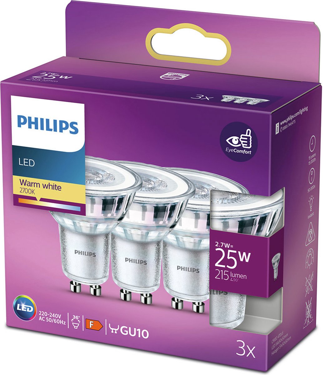 Energiezuinige Philips LED Spot - 25 W - GU10 - warmwit licht - 3 stuks - Bespaar op energiekosten