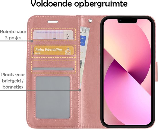 Coque iPhone 13 Book Case Cover avec protection d'écran - Coque iPhone 13 Wallet Cover - Coque iPhone 13 avec protection d'écran - Or rose
