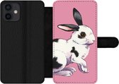 Bookcase Geschikt voor iPhone 12 Mini telefoonhoesje - Konijn met roze achtergrond - Met vakjes - Wallet case met magneetsluiting
