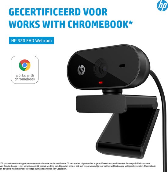 HP 320 Webcam FHD 1080P, USB, Grandangolare, Copriobiettivo, Angolazione regolabile, Correzione Automatica Luminosità, Certificata Works With Chromebook, Chrome OS, Windows 11, macOS, Nera