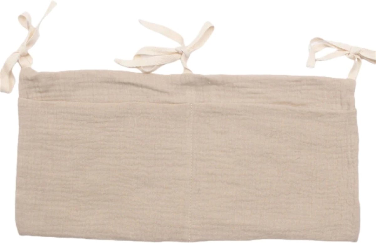 Opbergzak Klein | Voor aan het bed / box | Organizer 39 x 20 cm | Puur Katoen | 2 opbergvakken | Zandkleur | Vastmaken met Touwtjes | Cadeau | Moeder en Kind