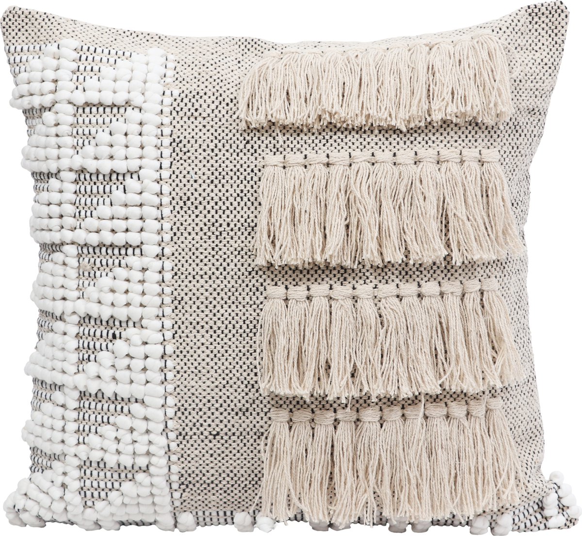 Bohemian sierkussen met franjes van Naturn Living | 50 x 50 cm | Boho kussen | Ibiza stijl | Handgemaakt vierkante sierkussen | Beige