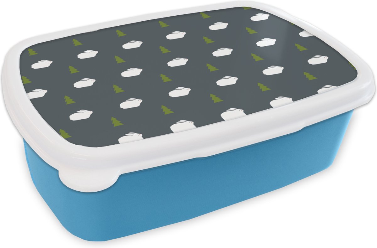 Broodtrommel Blauw - Lunchbox - Brooddoos - Bomen - Konijn - Patroon - 18x12x6 cm - Kinderen - Jongen