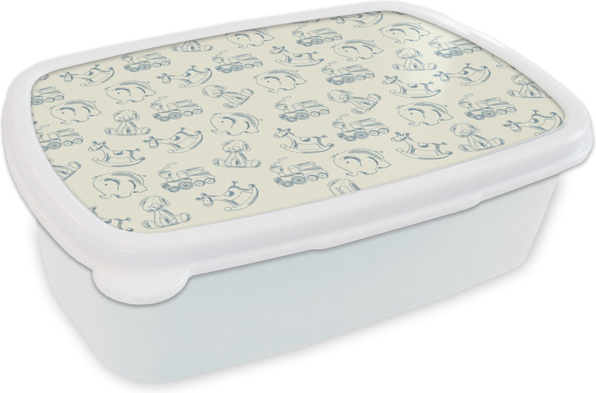 Broodtrommel Wit - Lunchbox - Brooddoos - Dieren - Speelgoed - Patroon - 18x12x6 cm - Volwassenen