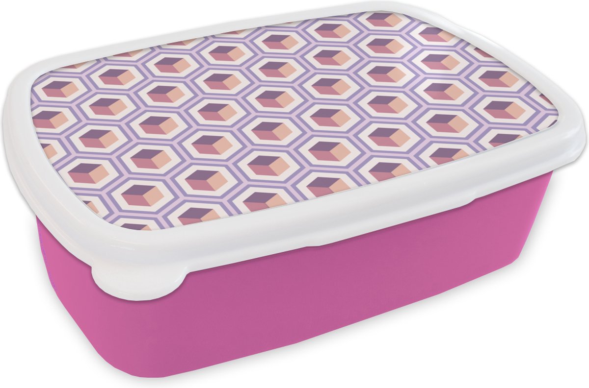 Broodtrommel Roze - Lunchbox - Brooddoos - Cube - Kubus - Patronen - 18x12x6 cm - Kinderen - Meisje