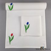 Servet wit, geborduurd met blauwe en rode tulpen, 36cmx36cm, set van 6