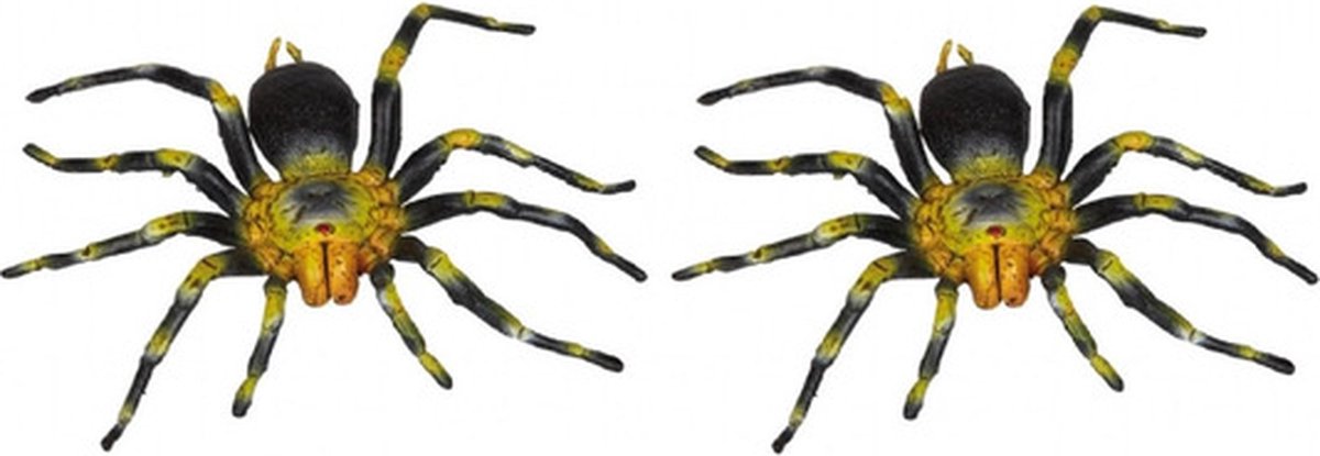 2x Kunststof geel met zwarte tarantula spinnen 16 cm - Spinnen insecten speelfiguren - Speelgoed voor kinderen