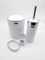 4-delige luxe badkamerset – Zeepbakje – Tandenborstelhouder - Prullenbak - Toiletborstel - Wit met zilver