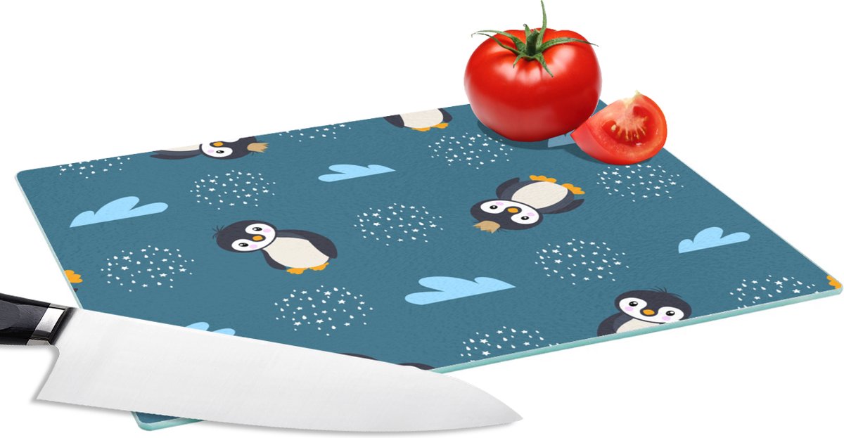 Glazen Snijplank - 28x20 - Pinguïn - Wolken - Jongens - Design - Snijplanken Glas
