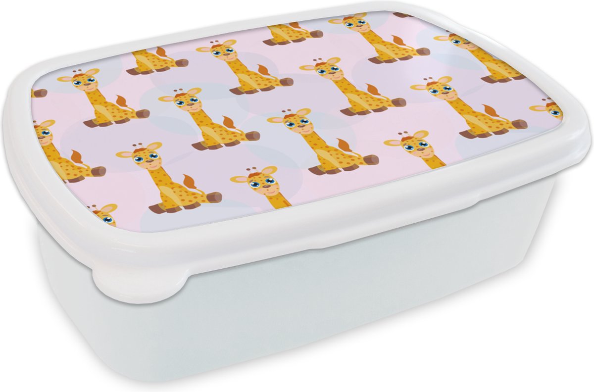 Broodtrommel Wit - Lunchbox - Brooddoos - Giraffe - Patroon - Kinderen - 18x12x6 cm - Volwassenen