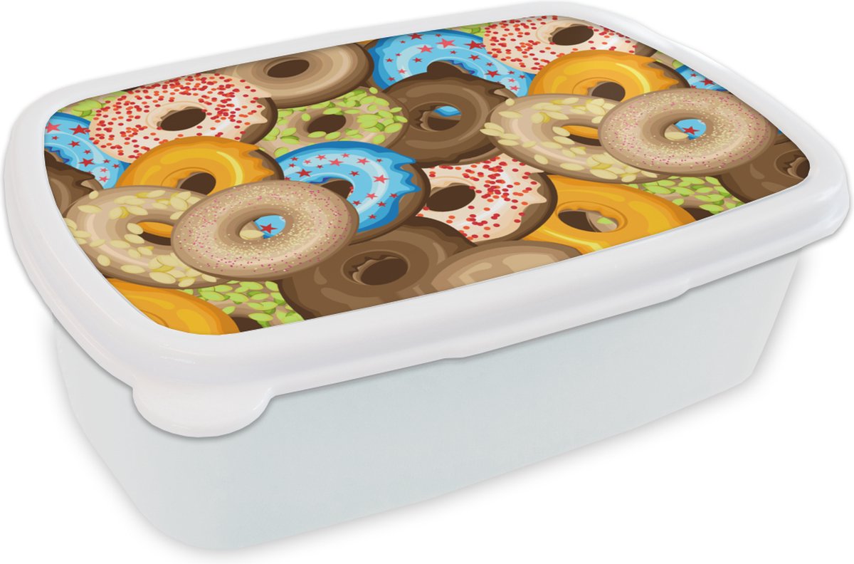 Broodtrommel Wit - Lunchbox - Brooddoos - Donuts - Patronen - Sterren - 18x12x6 cm - Volwassenen