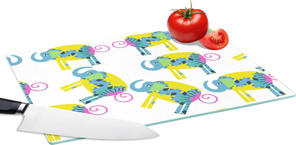 Glazen Snijplank - 39x28 - Olifant - Geel - Ornament - Patronen - Snijplanken Glas