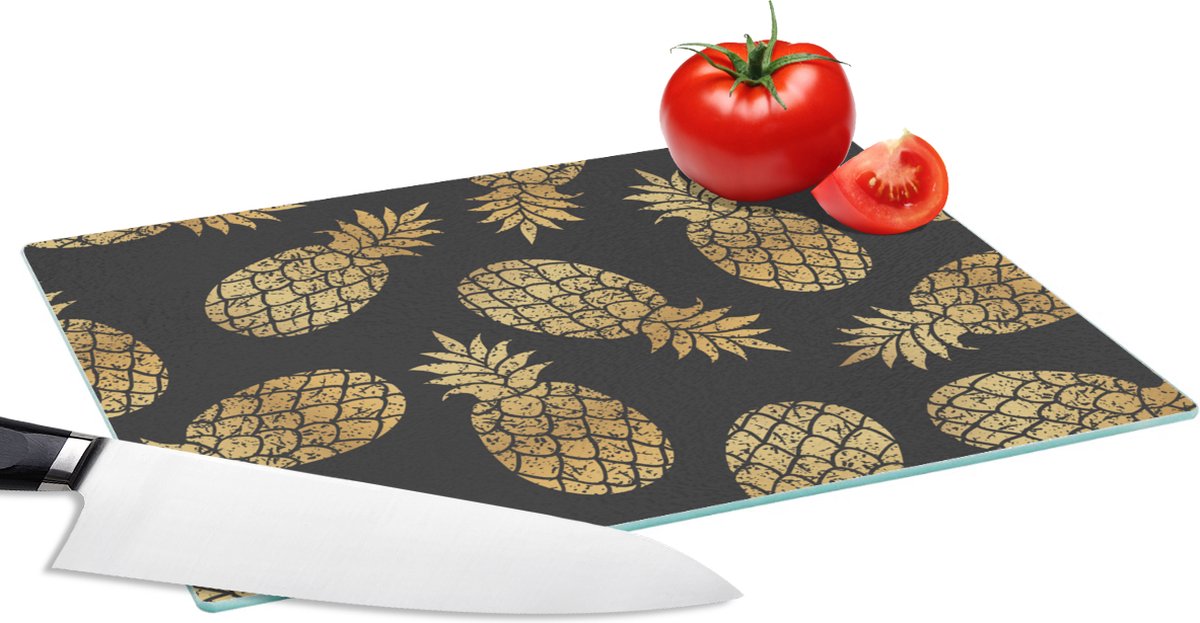Glazen Snijplank - 28x20 - Ananas - Goud - Luxe - Patronen - Snijplanken Glas