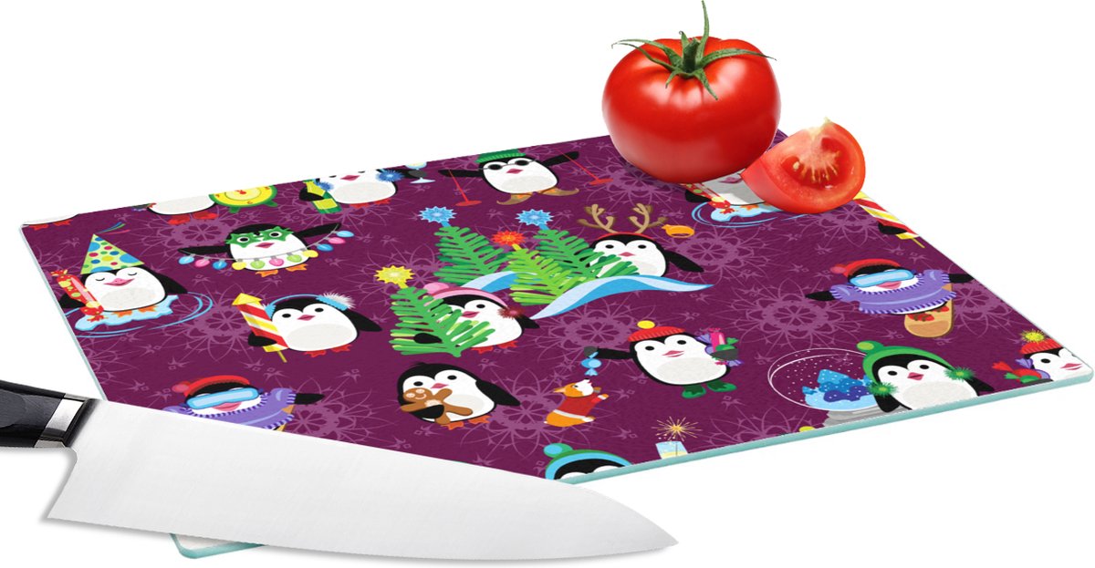 Glazen Snijplank - 28x20 - Pinguïn - Kerstmis - Vuurwerk - Winter - Design - Snijplanken Glas