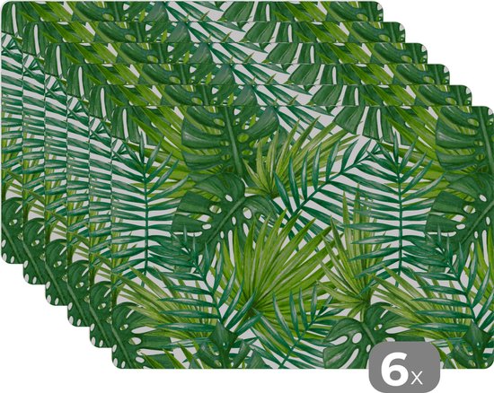 Placemat - Placemats kunststof - Bladeren - Palm - Patronen - 45x30 cm - 6 stuks - Hittebestendig - Anti-Slip - Onderlegger - Afneembaar