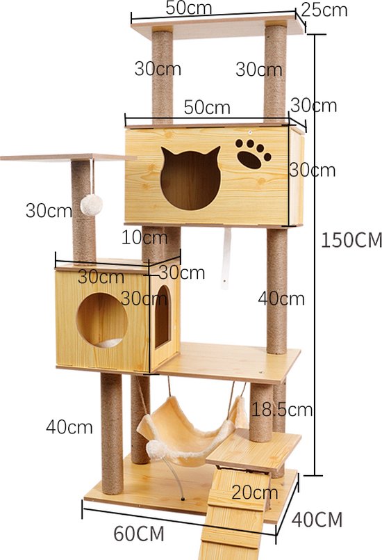 Katten Krabpaal - houten - 150cm - hout - sisal bol.com