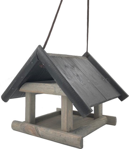 Houten vogelvoederhuisje met een grijs dak, hangend aan touw.