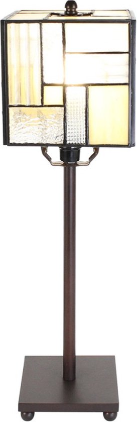 LumiLamp Tiffany Tafellamp 13*13*28 cm E14/max 1*25W Wit, Beige Glas, Metaal Vierkant Tiffany Bureaulamp Tiffany Lampen