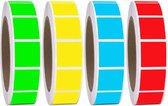 4 rollen vierkante stickers 2,5cm blauw - geel - rood - groen (totaal 2000 stickers)