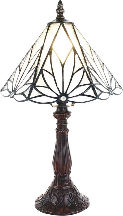 LumiLamp Tiffany Tafellamp Ø 20*34 cm E14/max 1*40W Wit, Bruin Glas, Kunststof Rond Tiffany Bureaulamp Tiffany Lampen