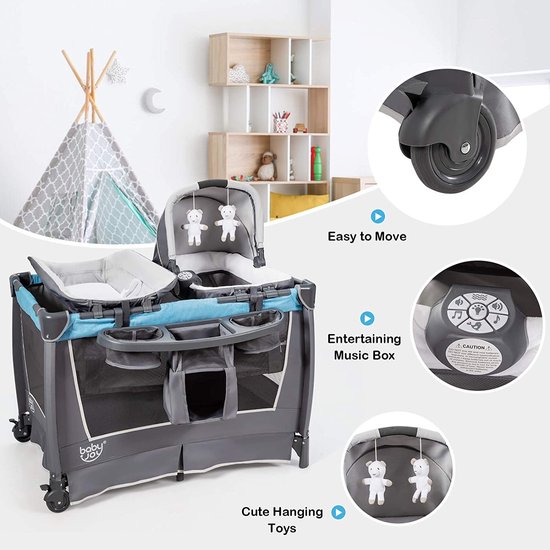 4-in-1 Baby reisbed - Kinder reisbedje – Campingbedje Opvouwbare babybedje met wieg en luiertafel - 2-laags reizen baby bed - Speelbox wieg set met wielen voor pasgeborenen