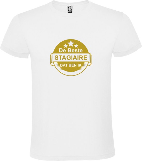 Wit T shirt met print van " De Beste Stagiaire dat ben ik " print Goud size XXXL