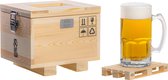 Labyrinth -Bierglas in houten kist (27x21x21 cm) met houten onderzetter - 1 liter bierpul - cadeauset