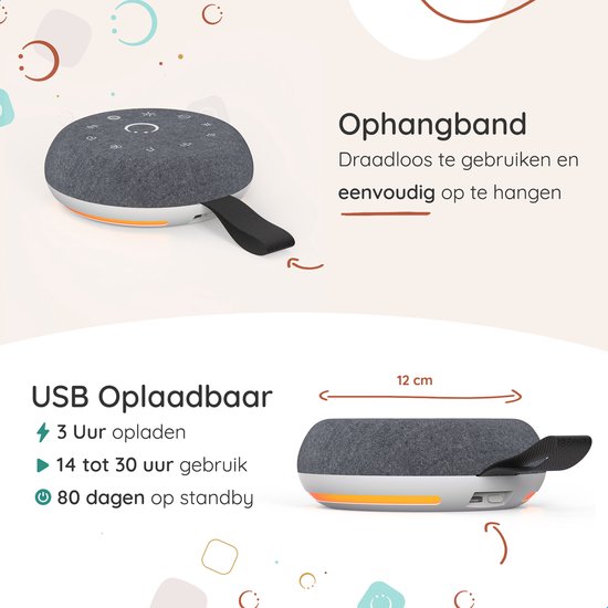 Numsy Move witte ruis machine, draadloos, met ophangband. USB oplaadbaar: 3 uur opladen, 14-30 uur gebruik. Breedte 12 cm.
