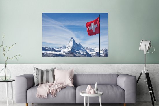 Le drapeau suisse dans les montagnes Aluminium 120x80 cm - Tirage photo sur aluminium (décoration murale en métal)