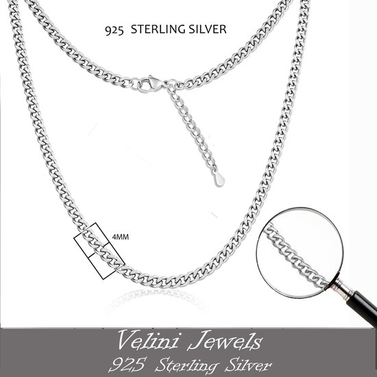 Velini jewels-4MM Cubaanse halsketting-925 Zilver Ketting- roestvrij ketting-60cm+5cm verlengstuk met anker slot